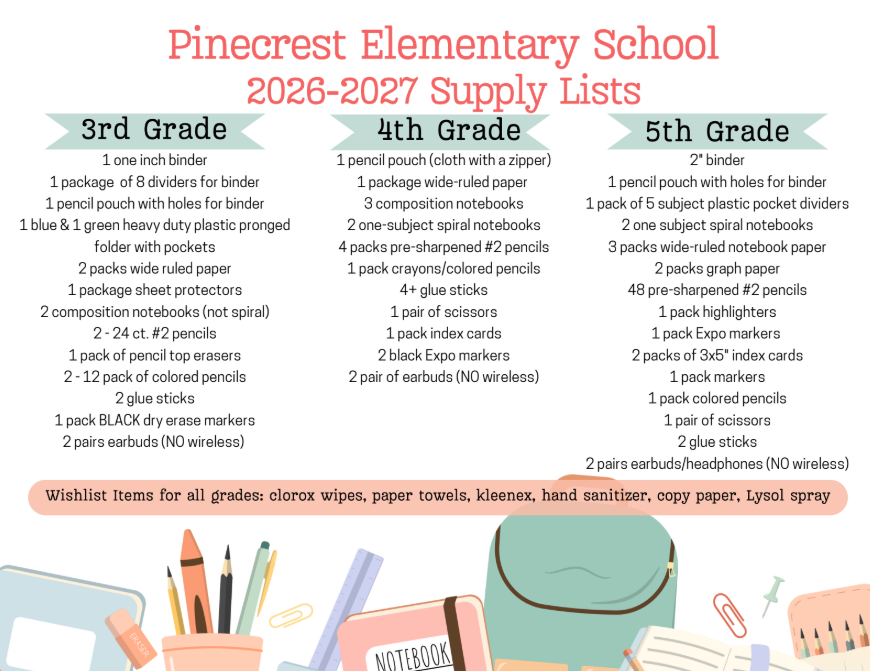 Pinecrest 2026 School Supply Lists