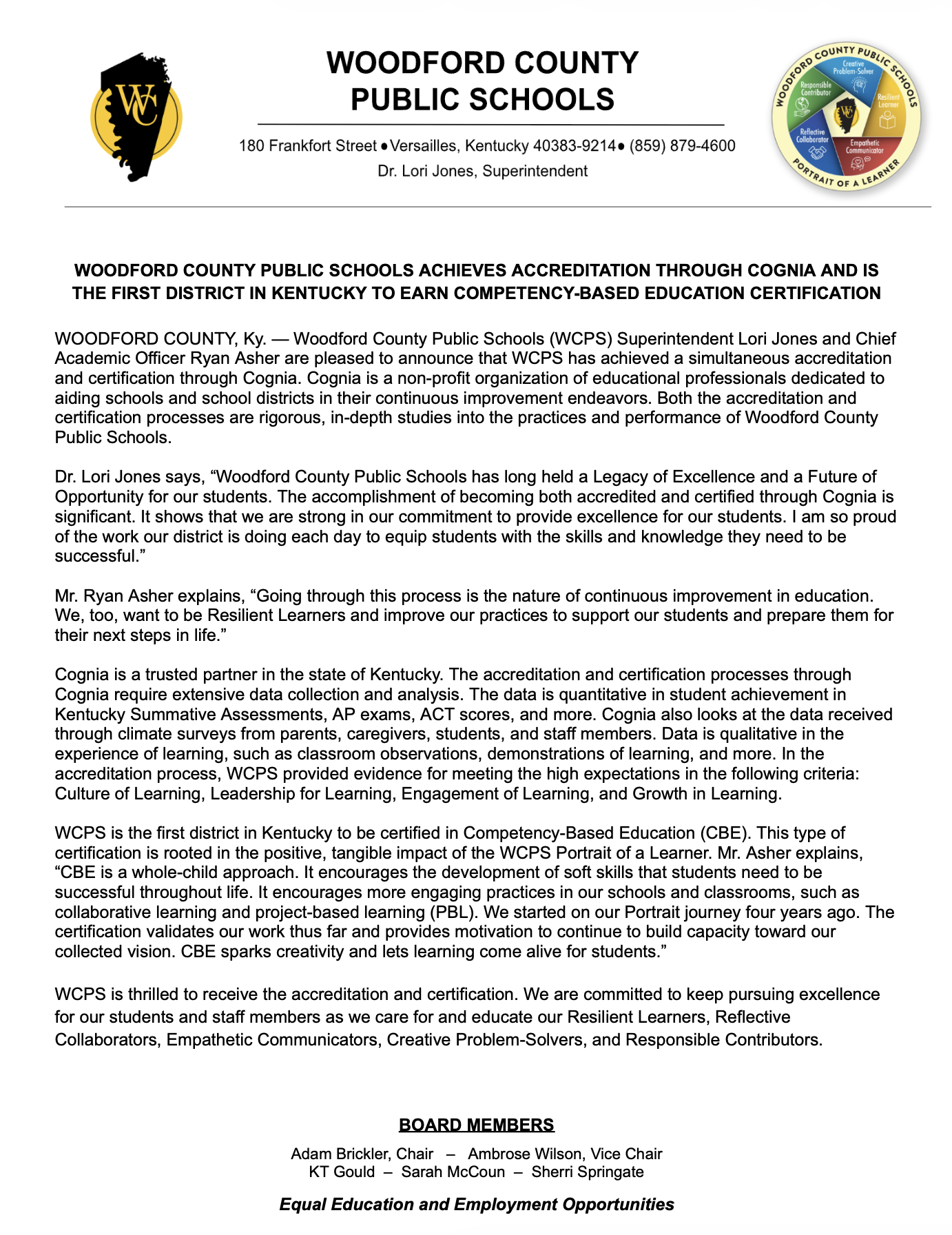 ⭐️ Woodford County Public Schools Achieves Accreditation through Cognia and is the First District in Kentucky to Earn Competency-Based Education Certification ⭐️