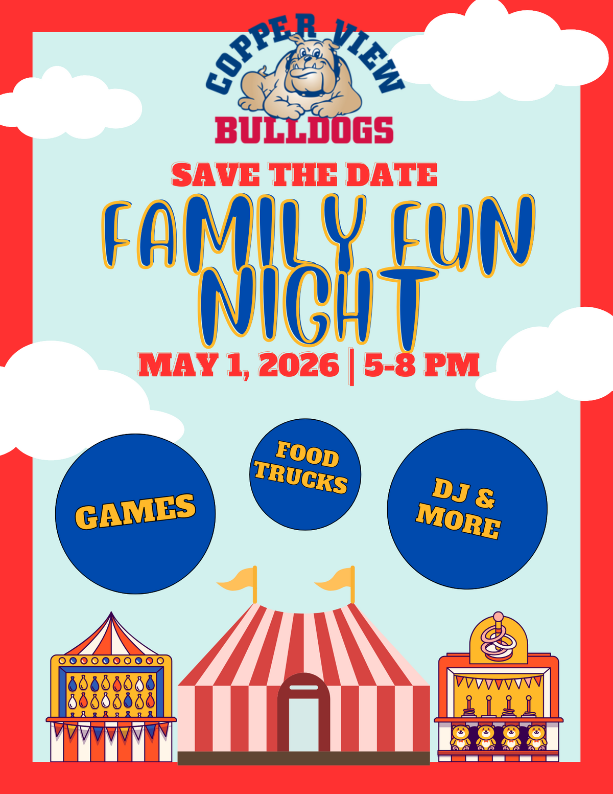 Save the date for Copper View Bulldogs Family Fun Night on May 1, 2026, from 5-8 PM, featuring games, food trucks, and a DJ.