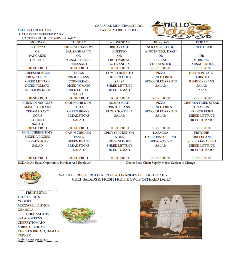 October Lunch Menu