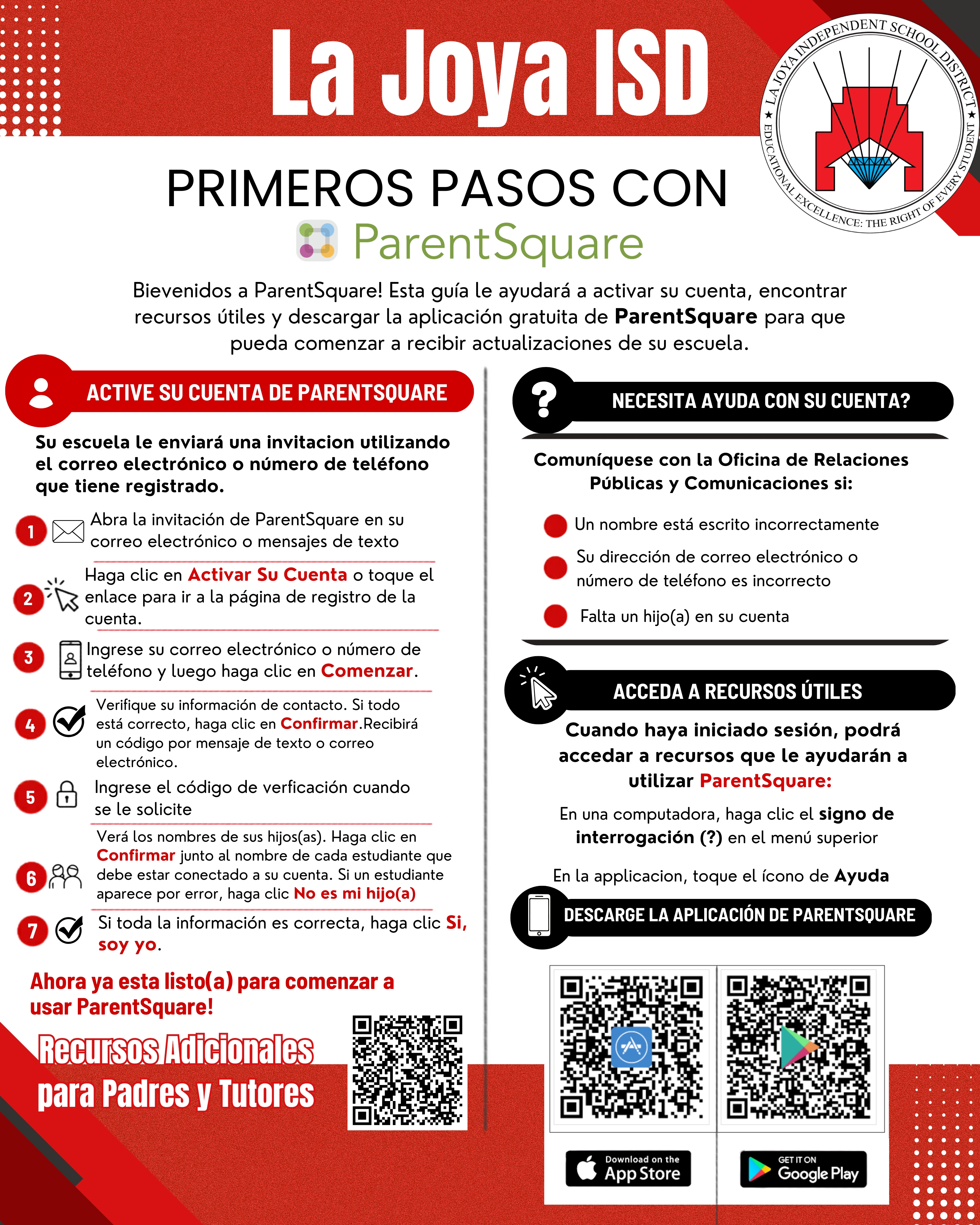An informational flyer in Spanish titled "Primeros Pasos con ParentSquare" for La Joya ISD, detailing account activation steps and support resources.