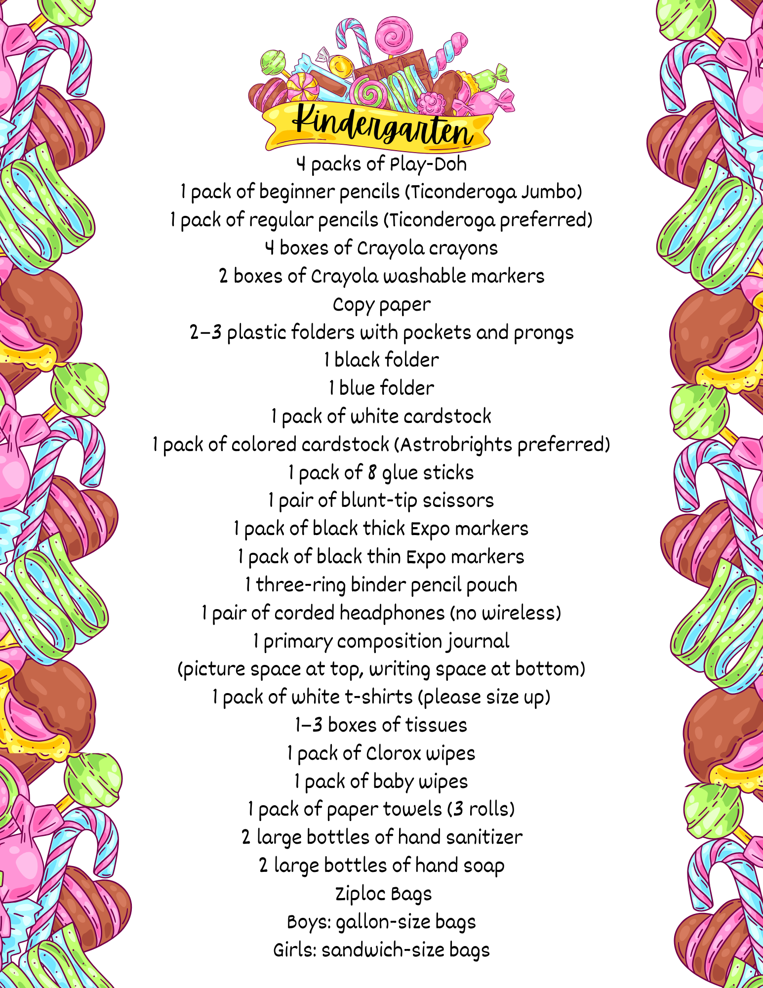 A list of school supplies for Kindergarten, featuring colorful candy-themed borders.