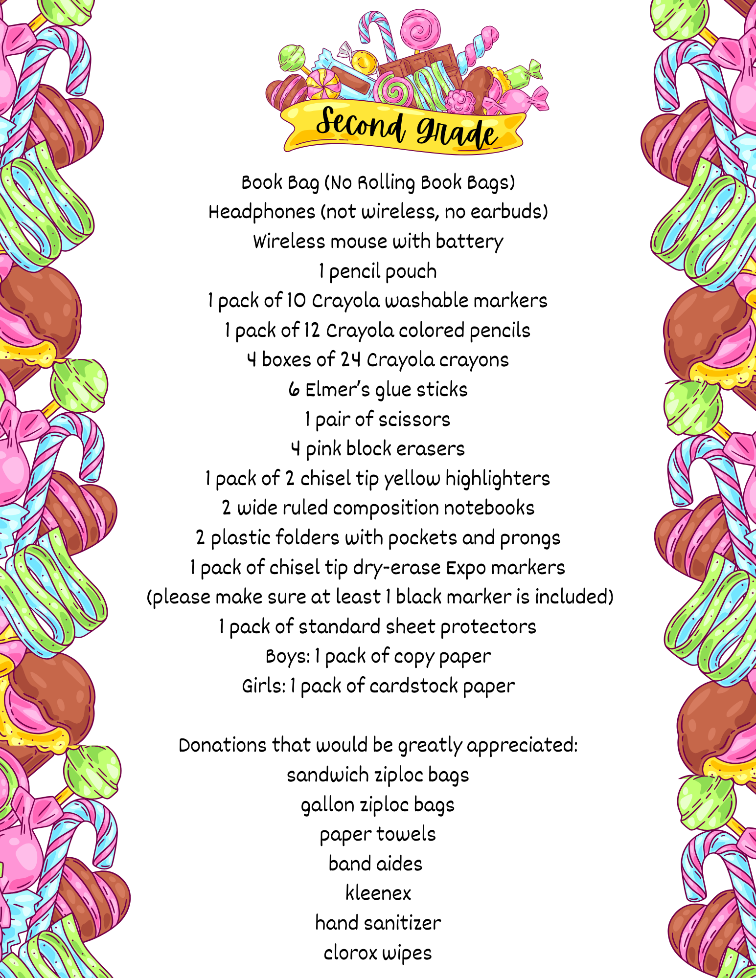 A list of school supplies for second grade, with a candy-themed border.