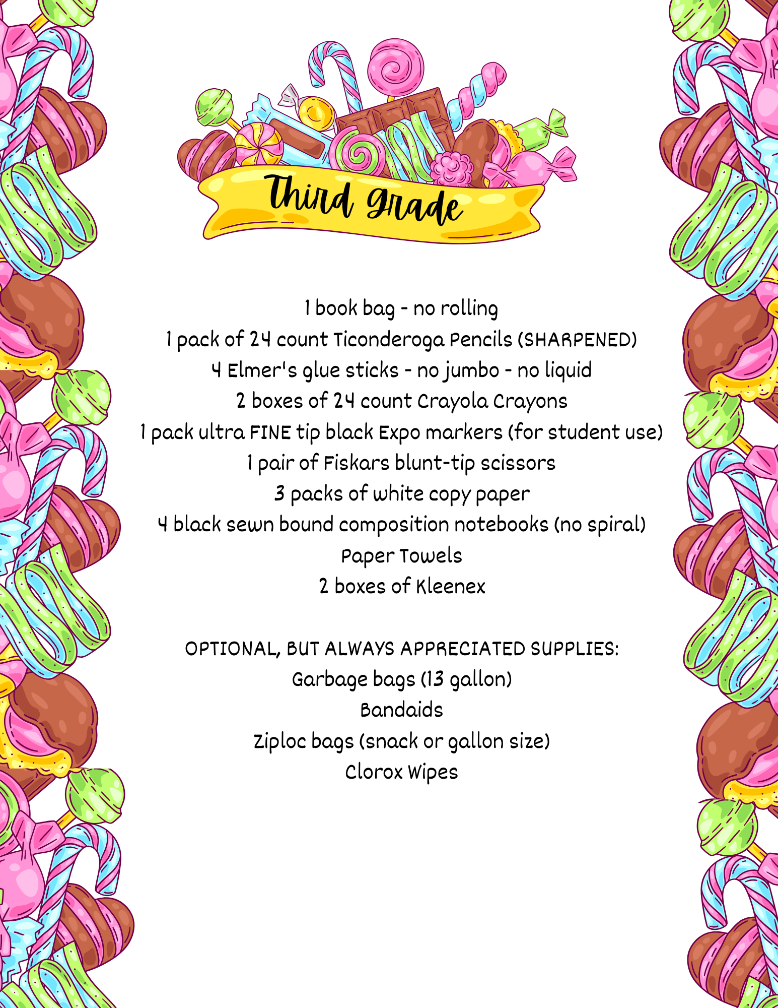 A colorful border of candy surrounds a list of school supplies for third grade.