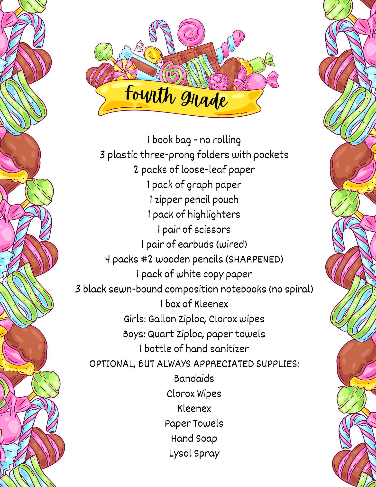 A colorful border of candies frames a list of school supplies for "Fourth Grade."