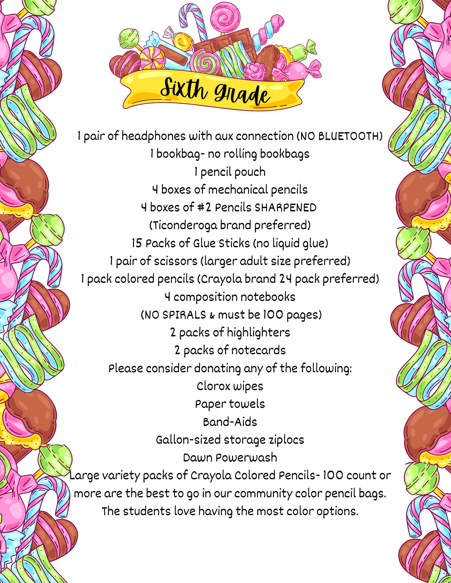 A colorful border of candy surrounds a list of school supplies for sixth grade.