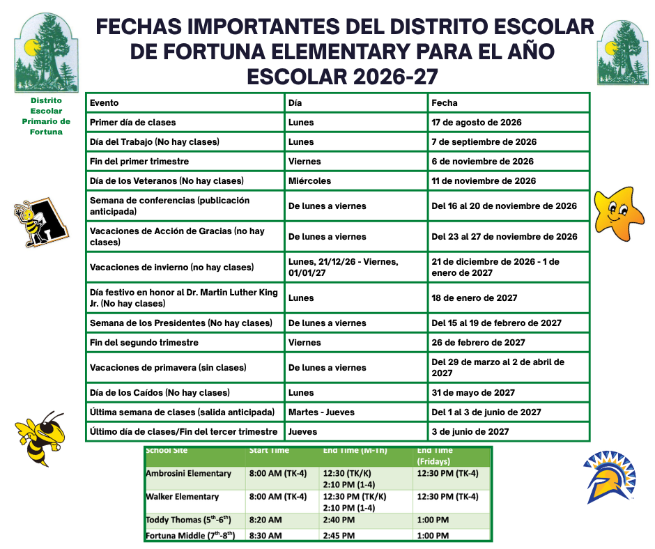 A calendar lists important dates for Fortuna Elementary School's 2026-27 school year, including holidays and breaks.