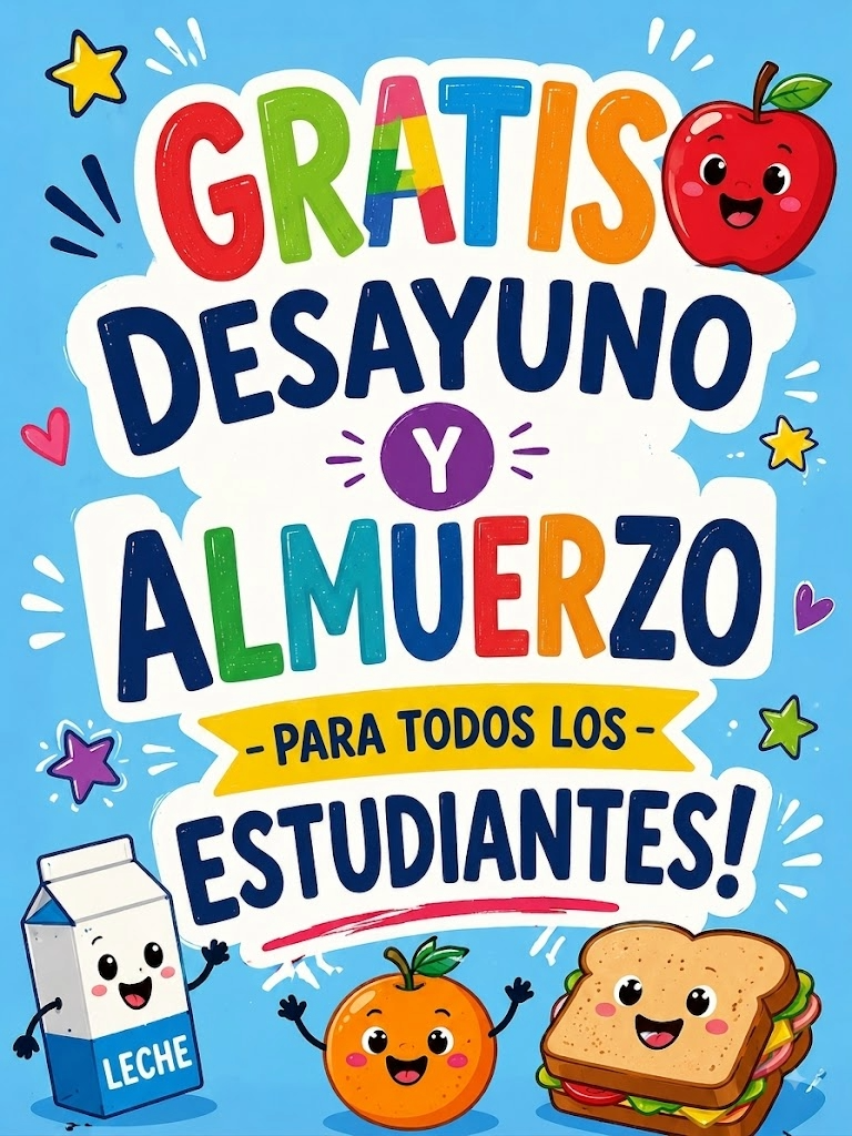 Colorful text announces 'GRATIS DESAYUNO Y ALMUERZO - PARA TODOS LOS ESTUDIANTES!' (Free Breakfast and Lunch - For All Students!).