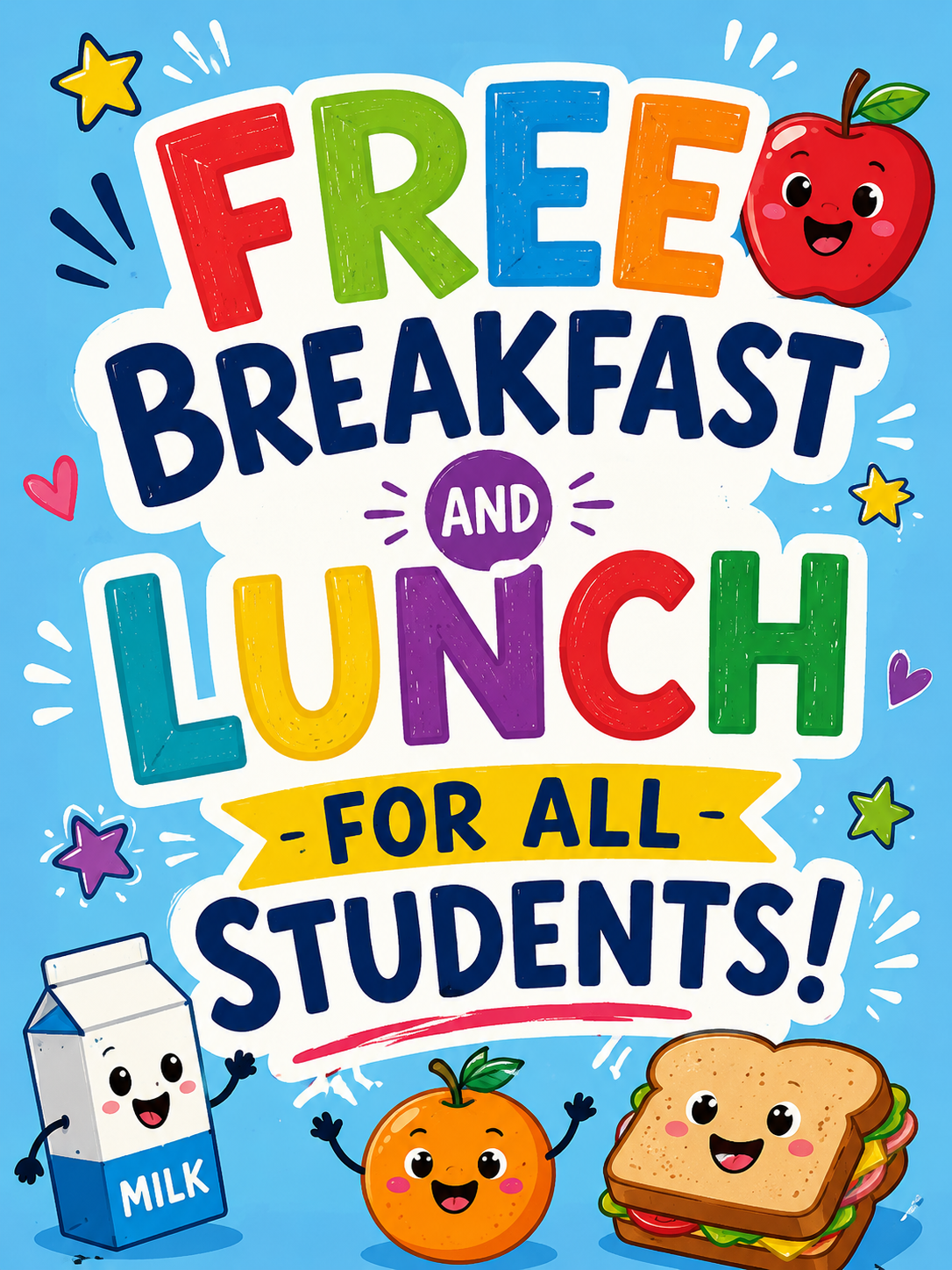 Colorful text announces 'FREE BREAKFAST AND LUNCH FOR ALL STUDENTS!' with cartoon food.