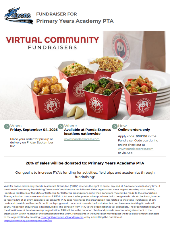 PYA PTA Dinner Fundraiser- Panda Express- Friday, Sept. 4, All Day- Online Orders Only