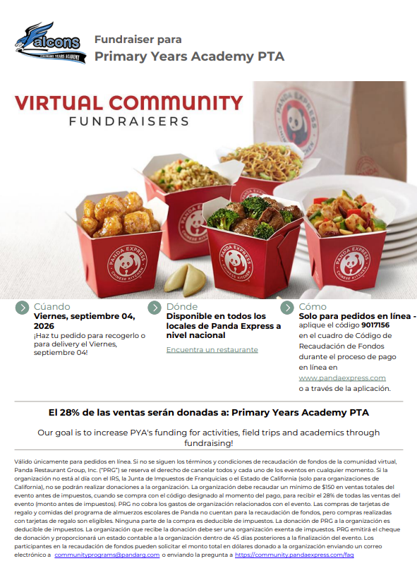 A flyer announces a virtual community fundraiser for Primary Years Academy PTA, featuring Panda Express meals.
