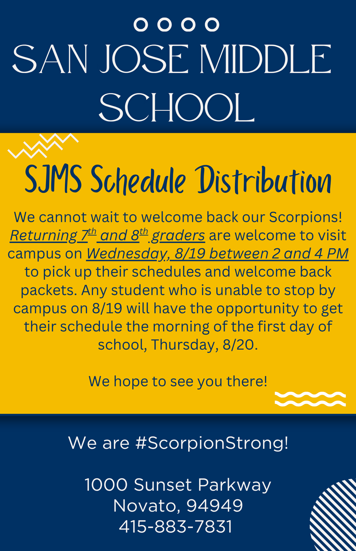 SJMS Schedule Pick Up (Wednesday, 8/19)