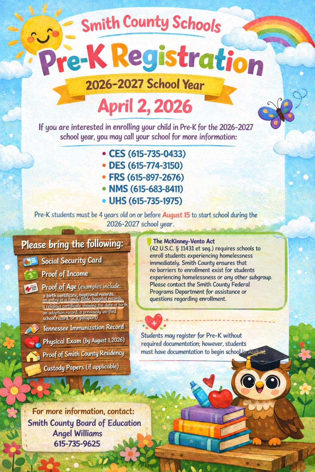 Smith County Schools announces Pre-K registration for the 2026-2027 school year on April 2, 2026.