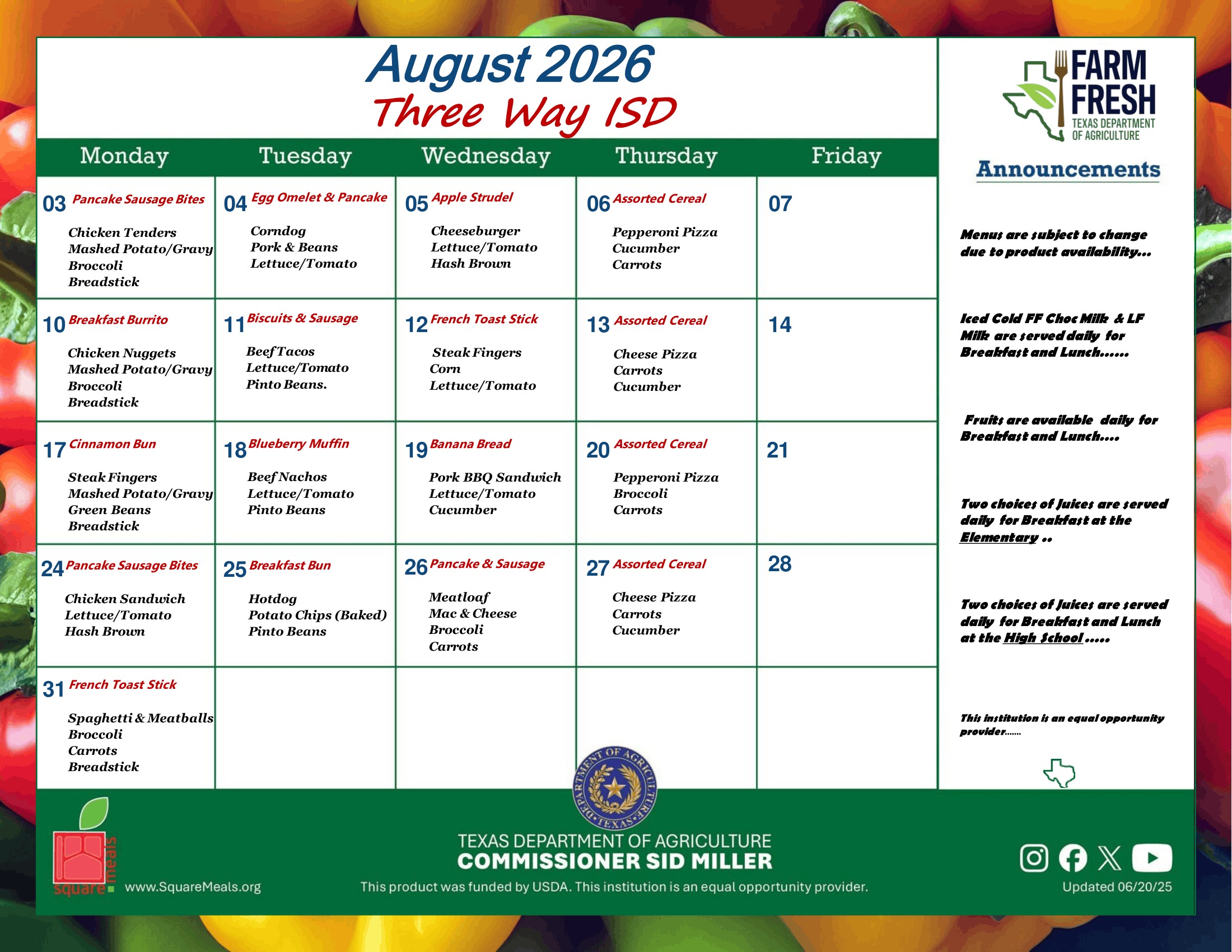 August Lunch Menu