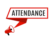A red megaphone emits a banner with the word ATTENDANCE in white text.