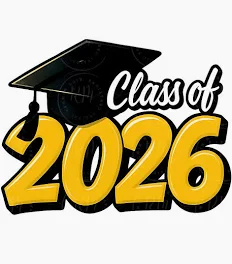 A graduation cap sits atop the bold text 'Class of 2026' in yellow and black.
