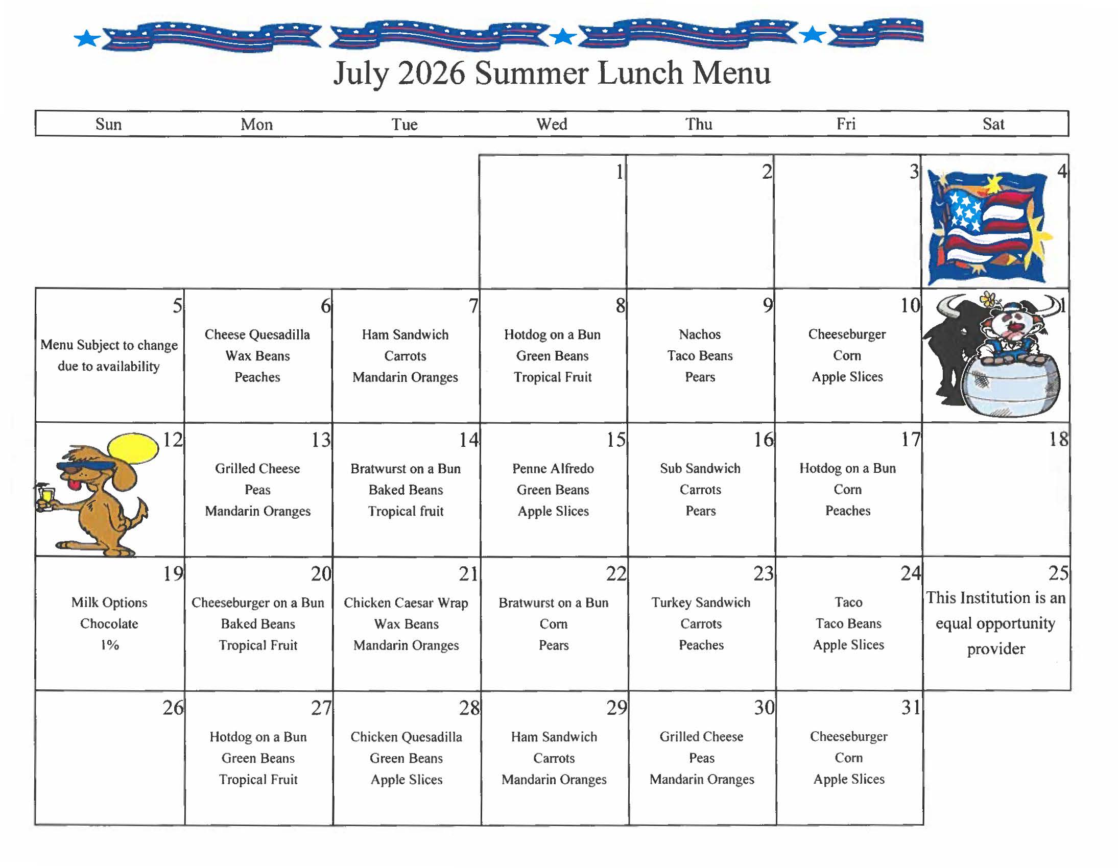 Summer Lunch Menu for July