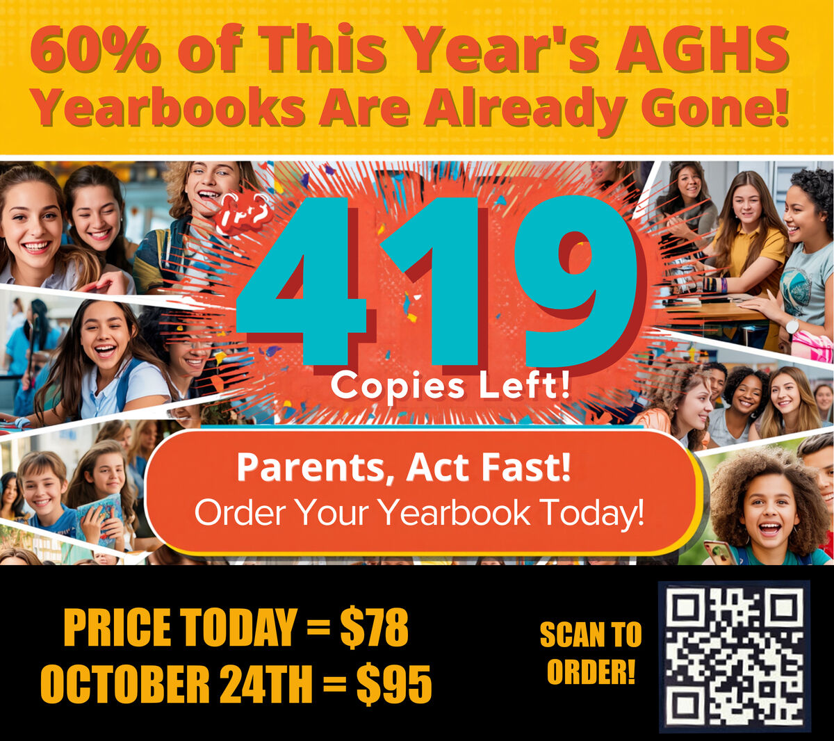 Yearbooks are 60% SOLD-OUT. 419 copies left!  Price increase October 24th.