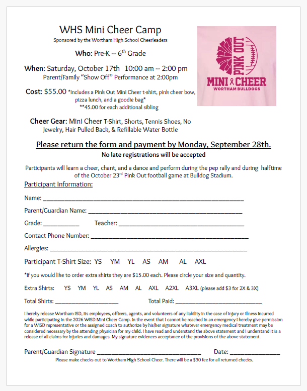 📣 WHS Mini Cheer Camp Forms and Pink Out Order Forms Coming Home Today!