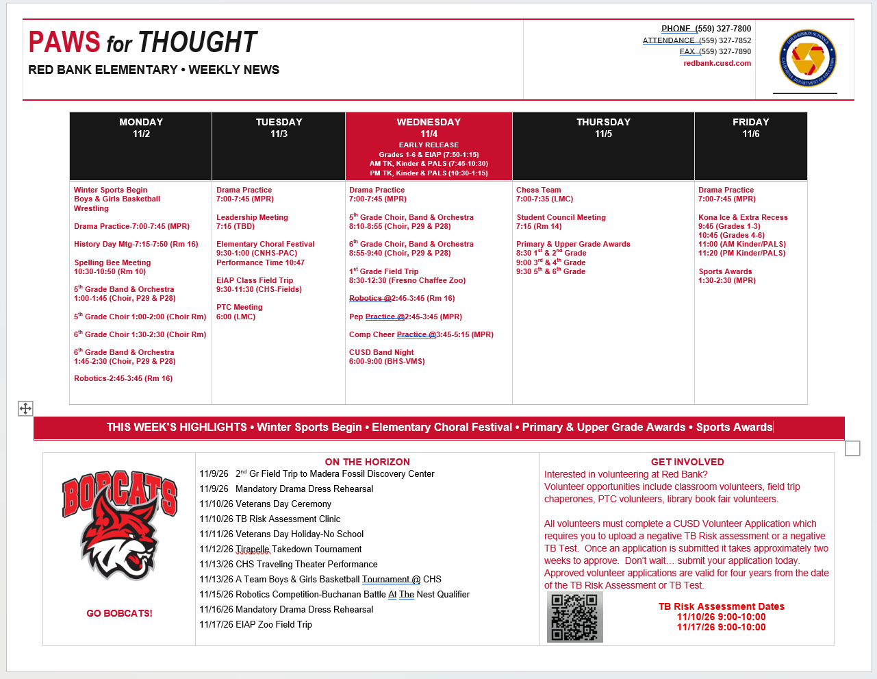 Weekly Calendar November 2-6, 2026