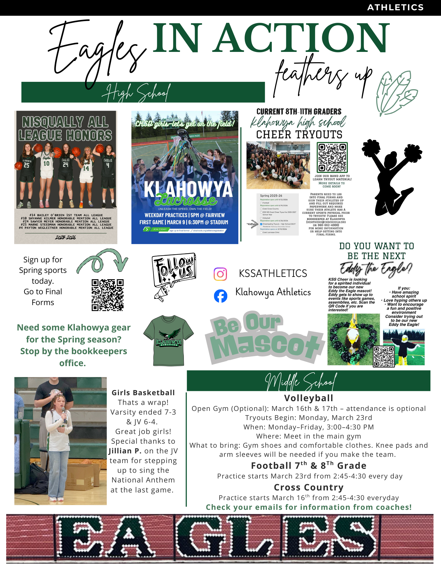 A collage of Klahowya High School sports announcements, including basketball, lacrosse, cheerleading tryouts, and spring sports sign-ups.