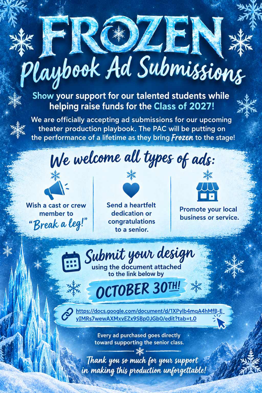 Frozen Playbook Ad Submissions by 10/30/26 