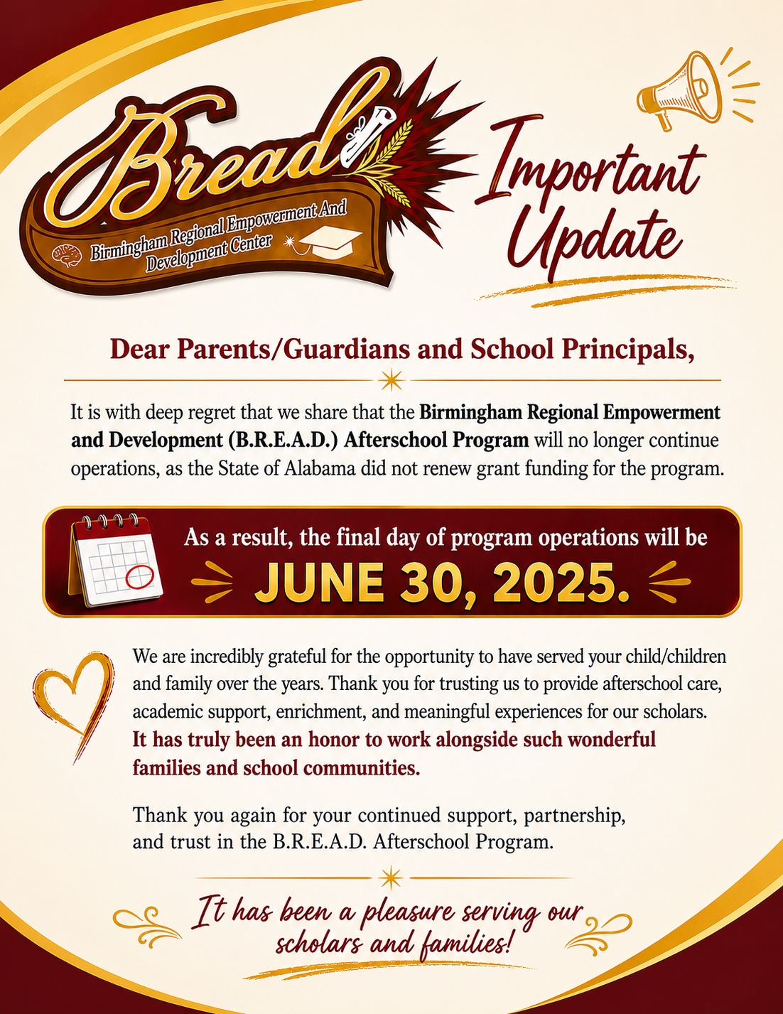  Important Update Regarding the B.R.E.A.D. After school Program