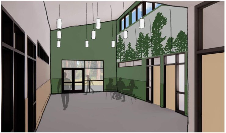 Interior rendering of a modern building with green walls and a forest mural.