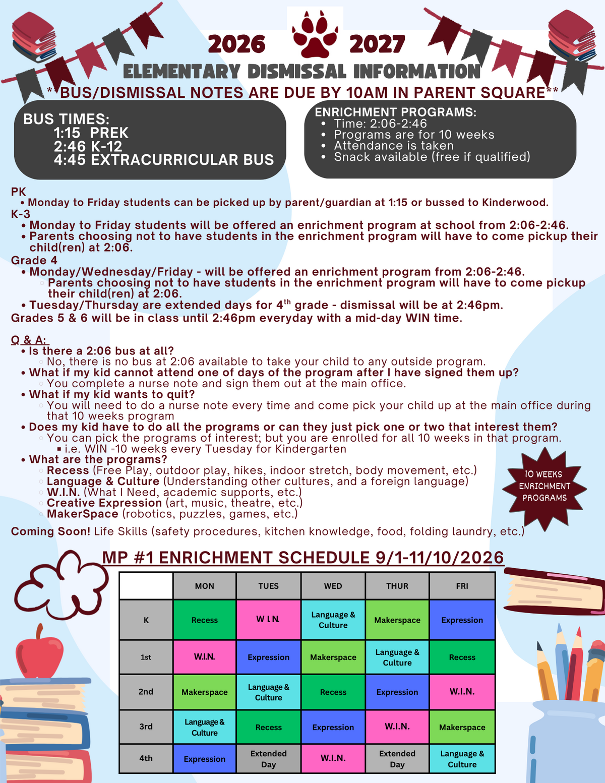 Elementary Dismissal Information 2026-2027 School Year