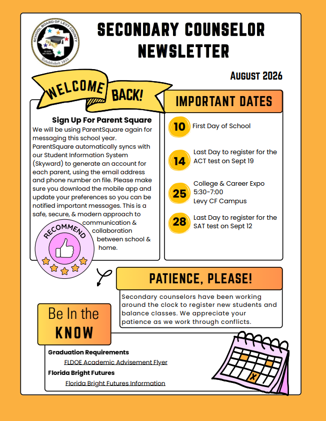 August Secondary Counselors Newsletter! 