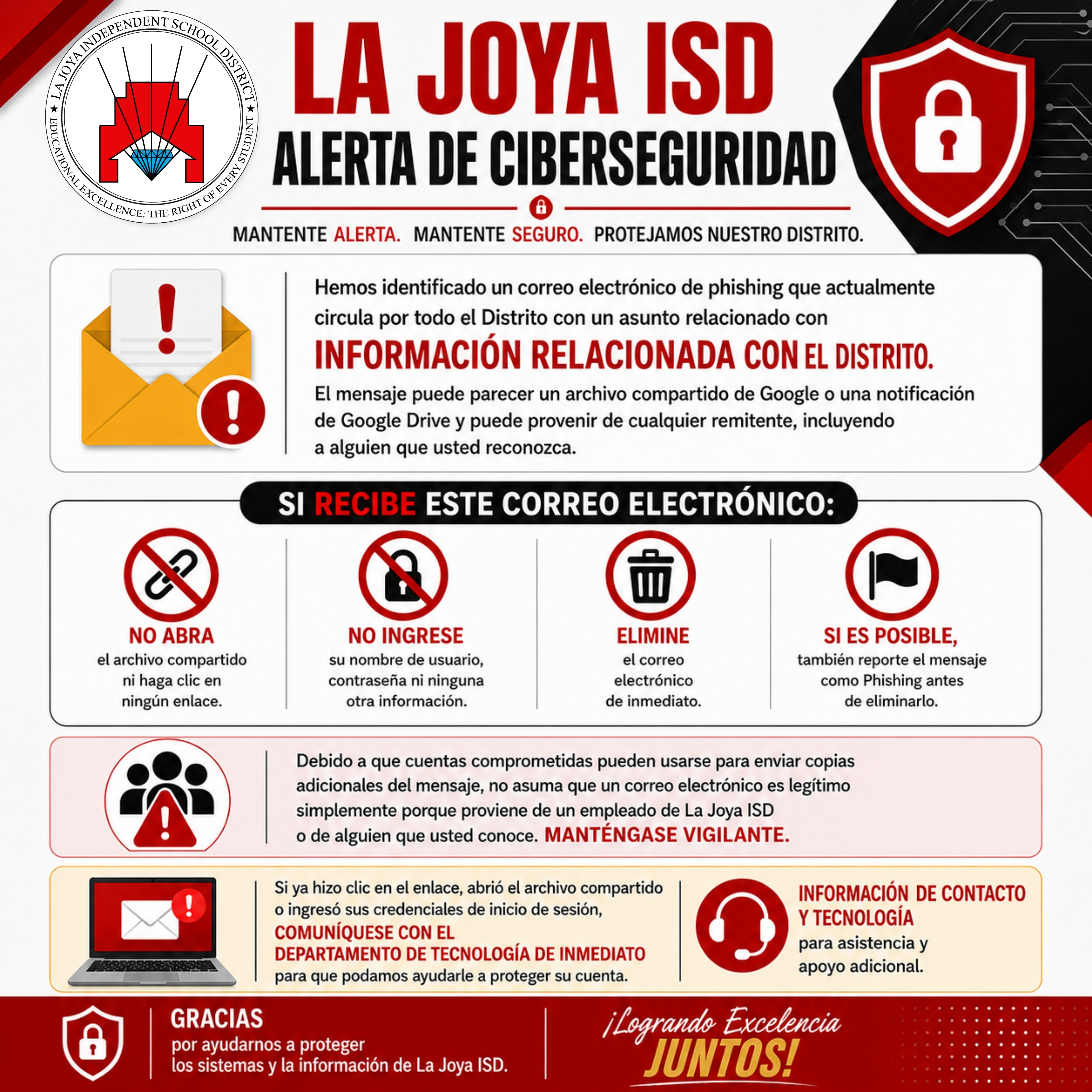 La Joya ISD cybersecurity alert infographic warning about a district-wide phishing email campaign.