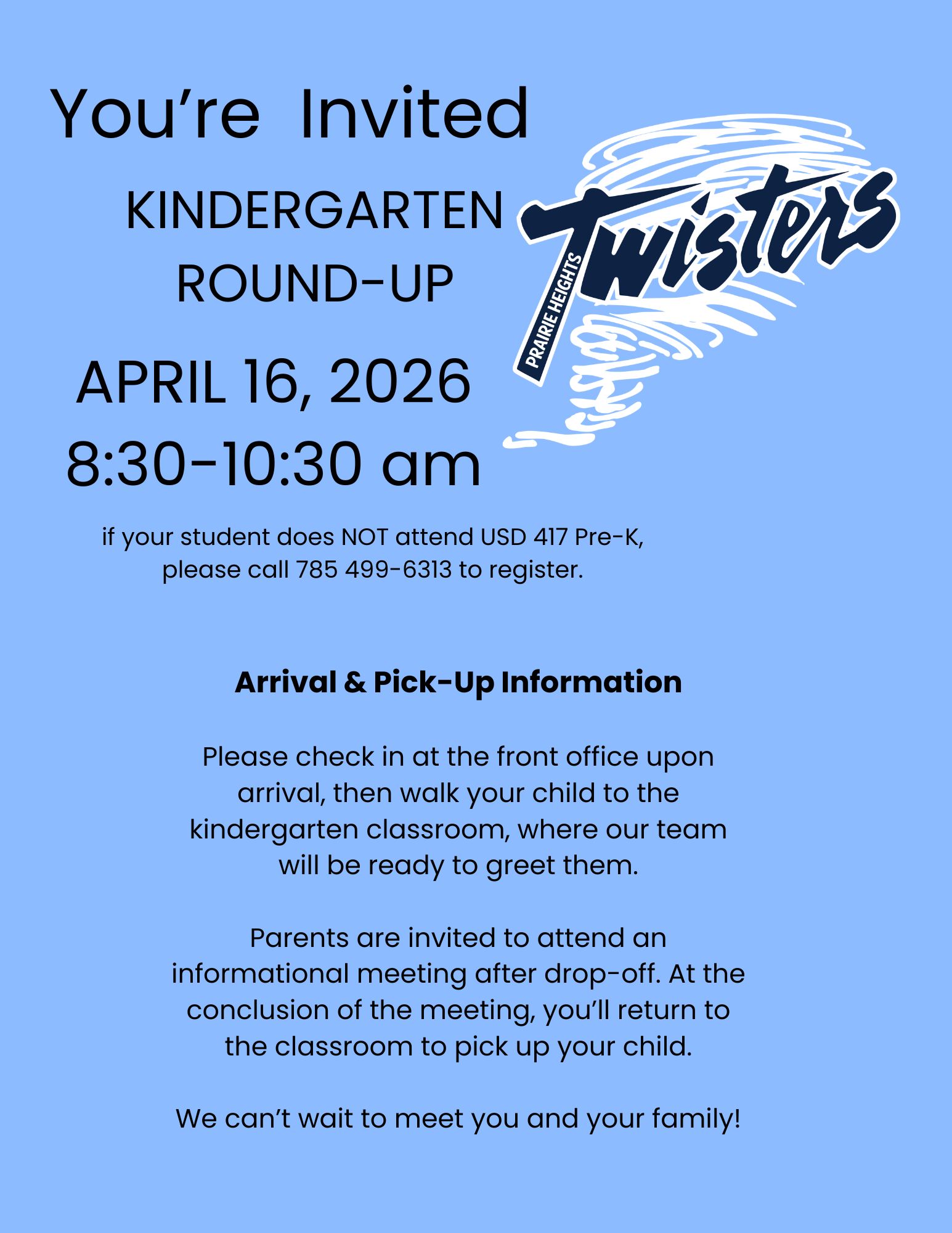 Invitation to Prairie Heights Kindergarten Round-Up on April 16, 2026, from 8:30-10:30 am.