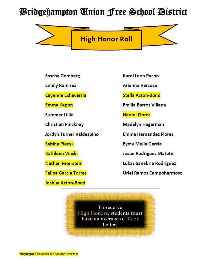 Congratulations High Honor Roll, Honor Roll, and Scholar Athlete Recipients!