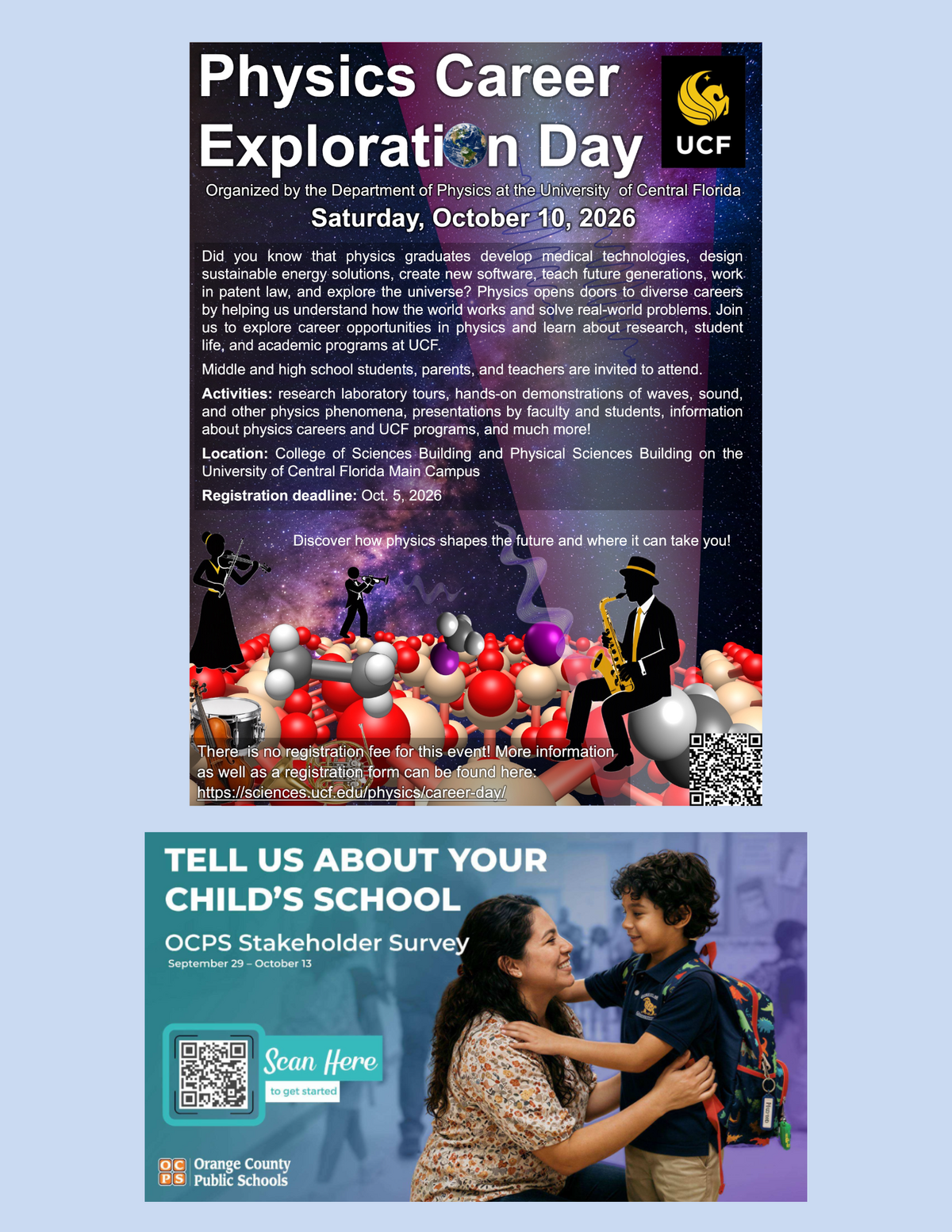 A promotional flyer for the UCF Physics Career Exploration Day on October 10, 2026, featuring event details, activities, and a QR code.