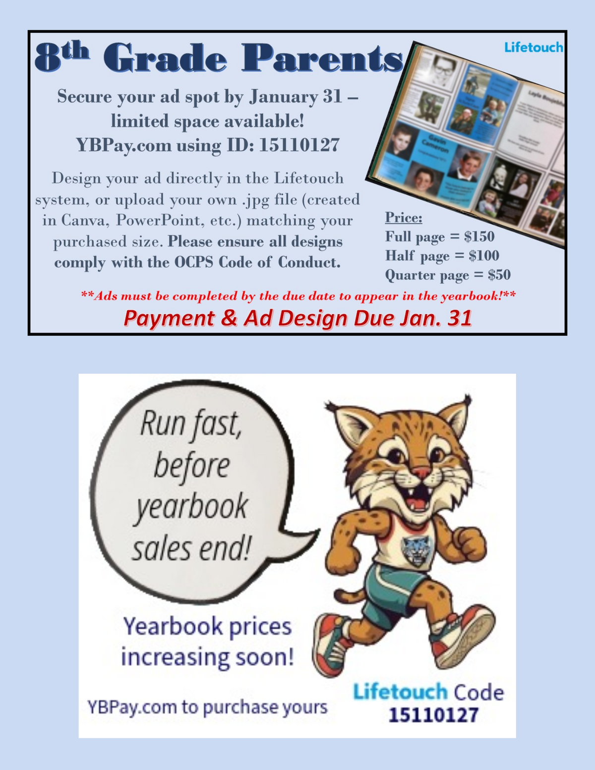 A flyer informs 8th-grade parents to secure yearbook ad spots by January 31, listing prices, design instructions, and ID 15110127.