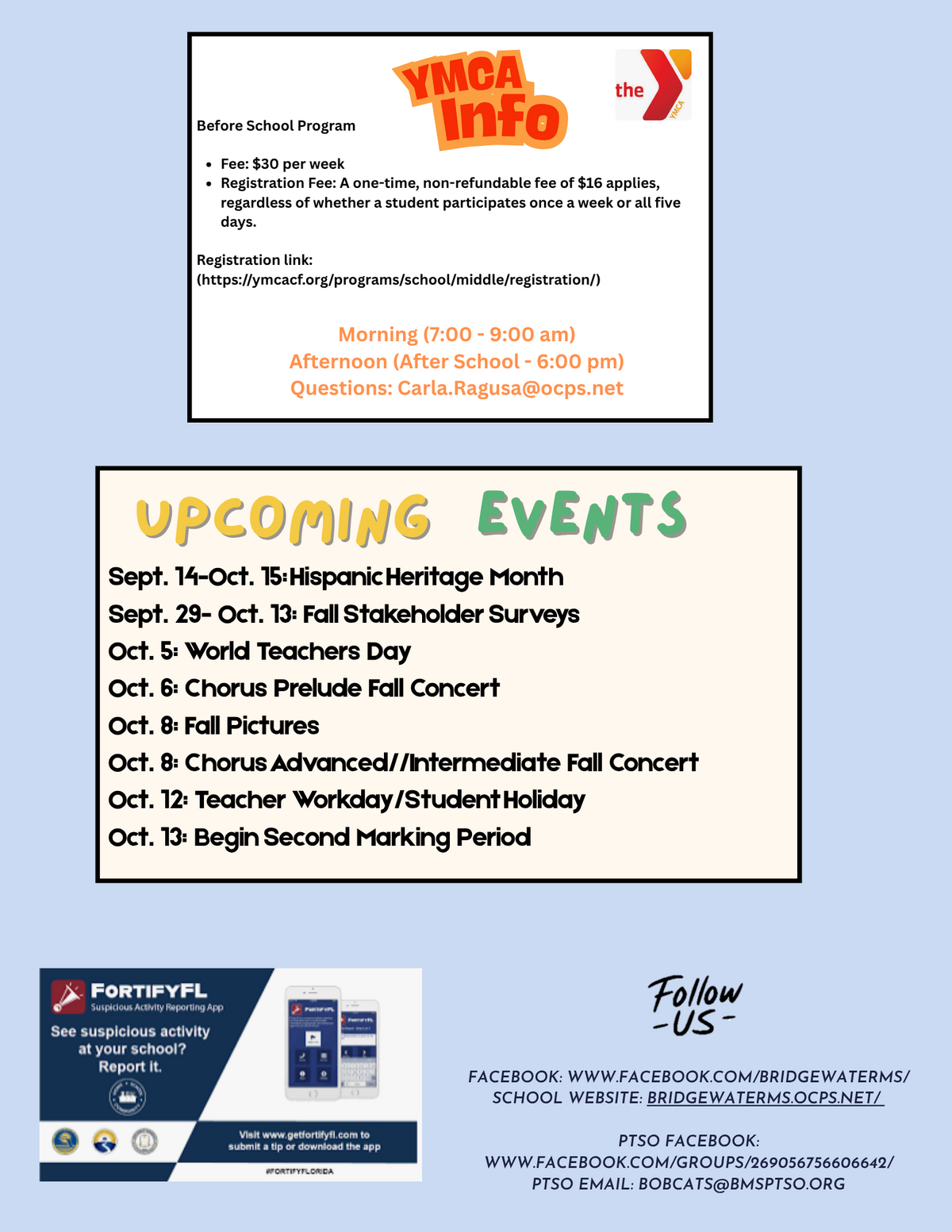 A flyer detailing YMCA Info before school program fees, registration links, and hours, alongside a list of upcoming school events.