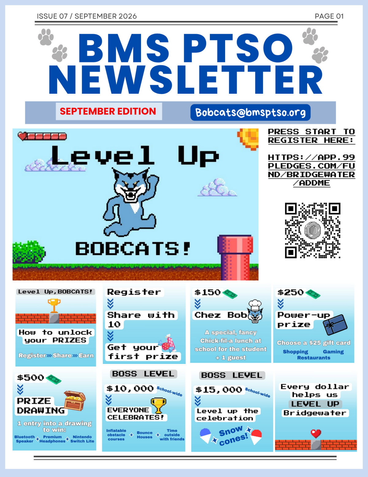 A BMS PTSO newsletter features a retro video game theme with pixel art, a blue bobcat mascot, and a QR code for registration.