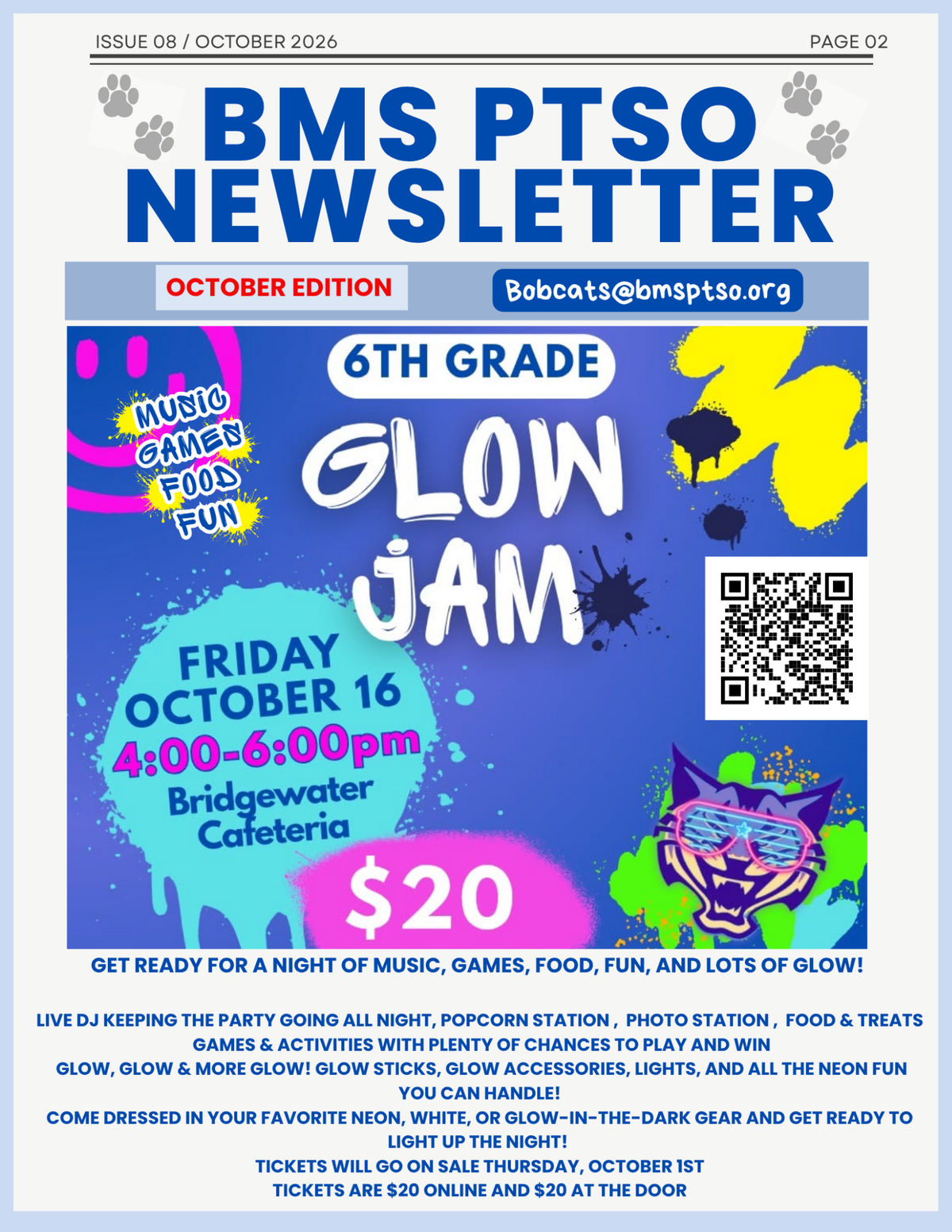 A colorful flyer for the BMS PTSO Newsletter announcing a 6th Grade Glow Jam on Friday, October 16.
