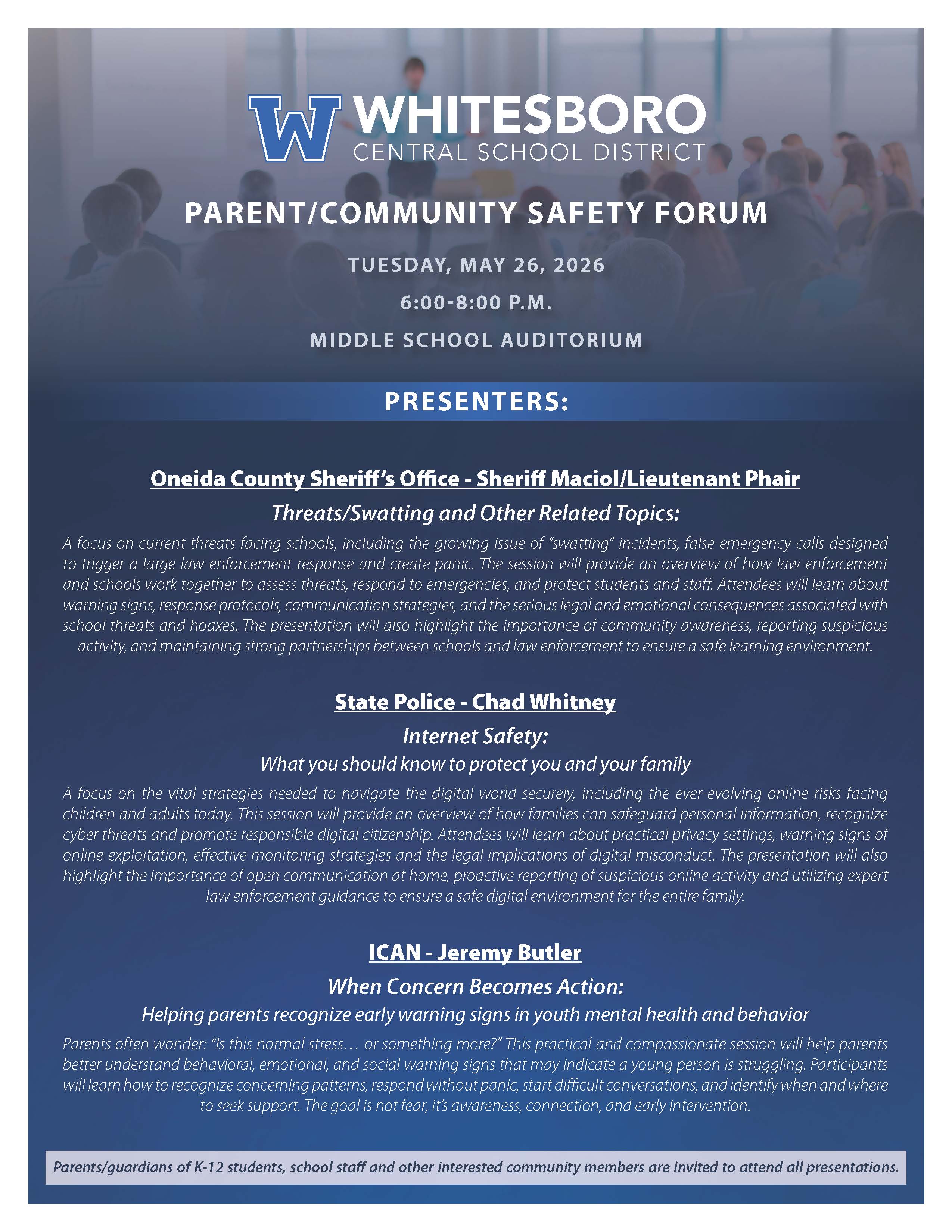 Parent/Community Safety Forum in Whitesboro - Open to All