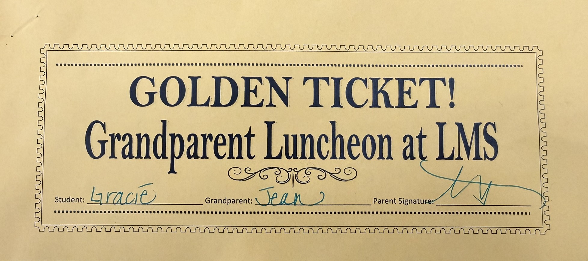 image of golden ticket for grandparents lunch