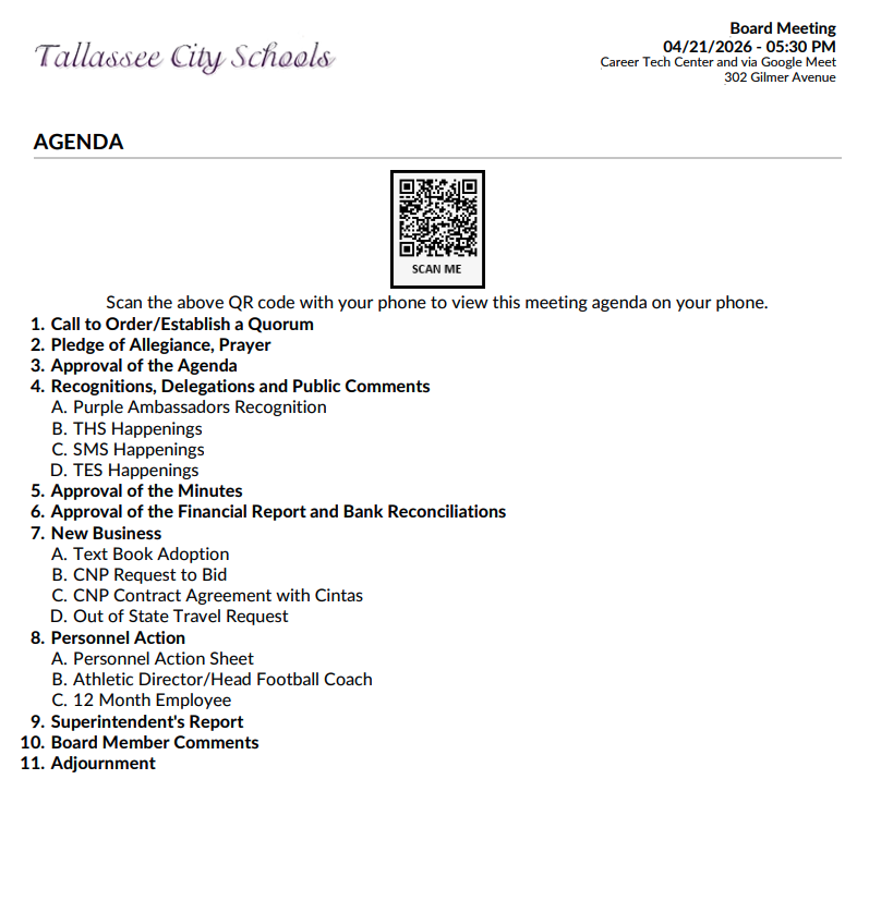 Agenda for a Tallassee City Schools Board Meeting on 04/21/2026, including items like 'New Business' and 'Personnel Action'.