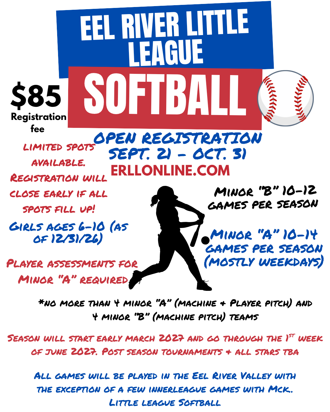 A promotional flyer for Eel River Little League Softball, featuring registration details and a batter silhouette.