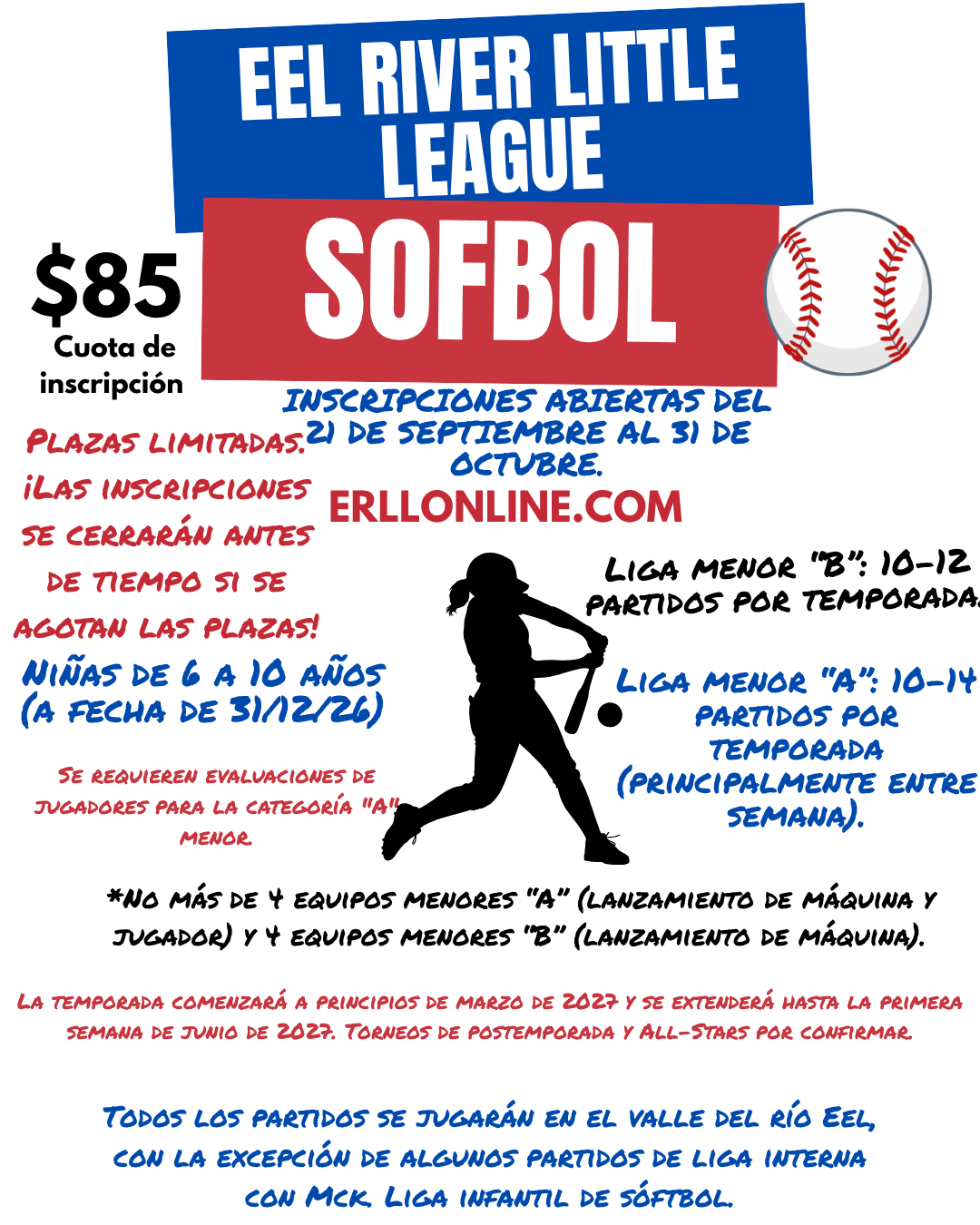 A promotional flyer for the Eel River Little League softball season featuring registration details, fees, and league information.
