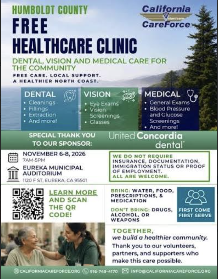 An informational flyer for the Humboldt County Free Healthcare Clinic offering dental, vision, and medical care from November 6-8, 2026.