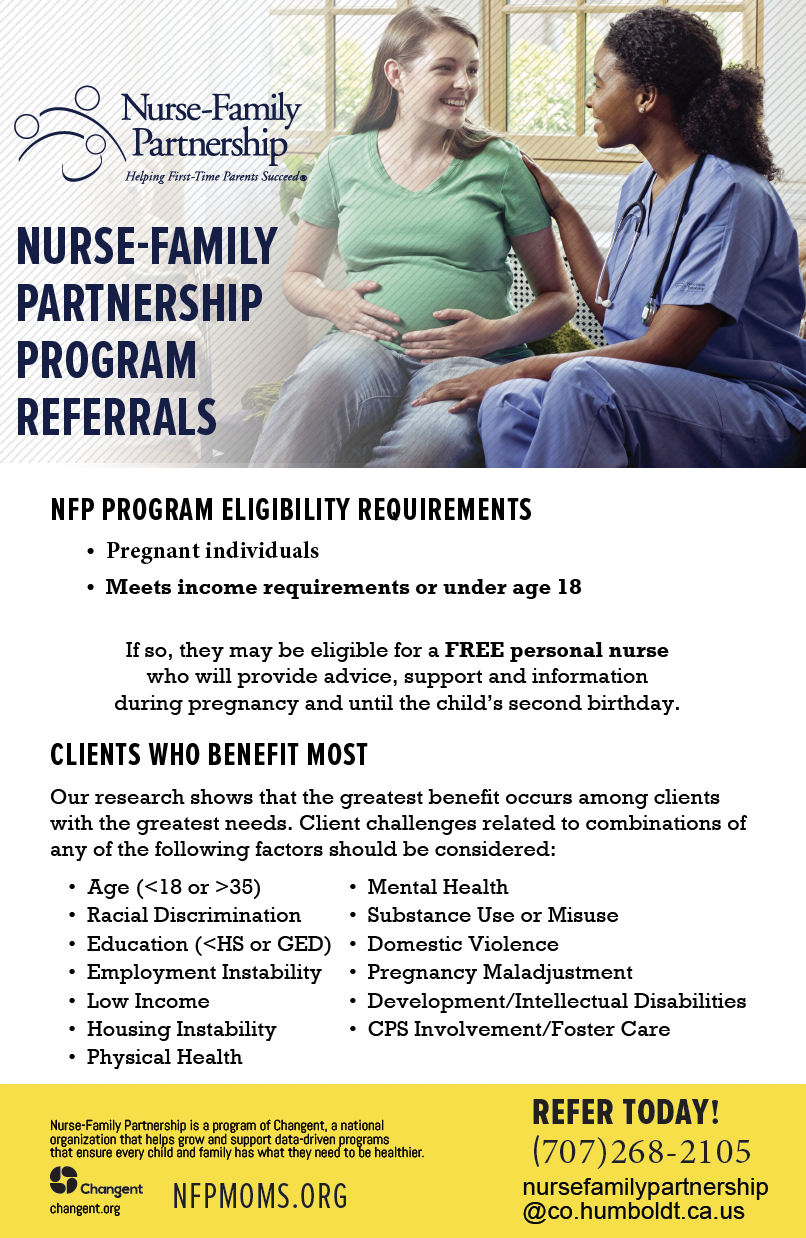 A flyer for the Nurse-Family Partnership Program, featuring a nurse comforting a pregnant woman and eligibility details.