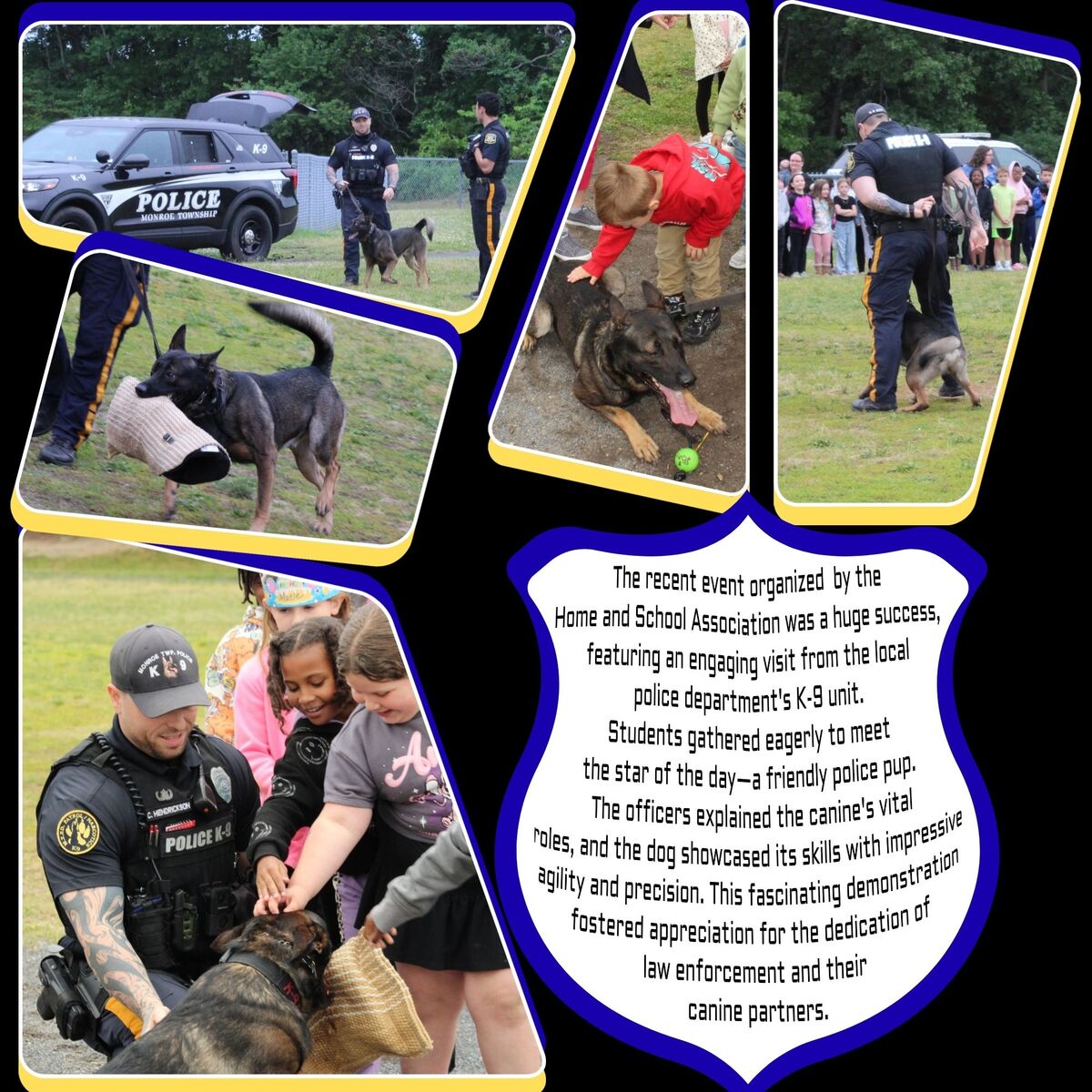 The recent event organized  by the  Home and School Association was a huge success,  featuring an engaging visit from the local  police department's K-9 unit.  Students gathered eagerly to meet  the star of the day—a friendly police pup.  The officers explained the canine's vital roles, and the dog showcased its skills with impressive  agility and precision. This fascinating demonstration  fostered appreciation for the dedication of  law enforcement and their canine partners.