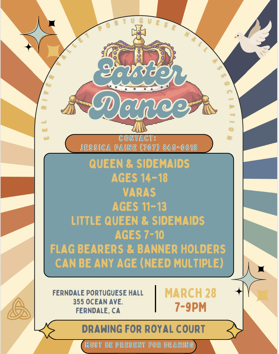 Poster for an Easter Dance event hosted by Eel River Valley Portuguese Hall Association.