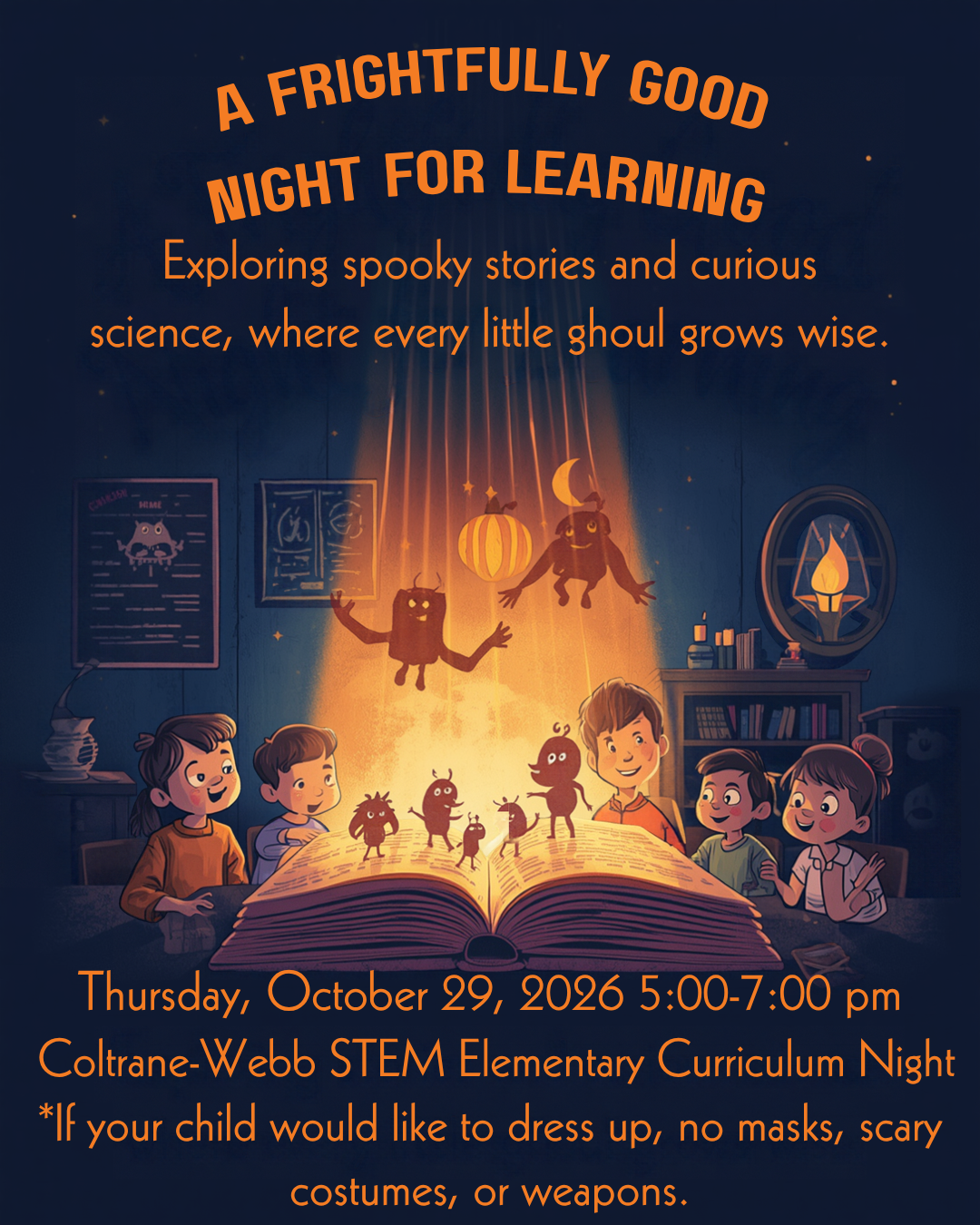 Curriculum Night Flyer explaining it is on Thursday, October 29th from 5:00 - 7:00pm at Coltrane-Webb STEM Elementary School.