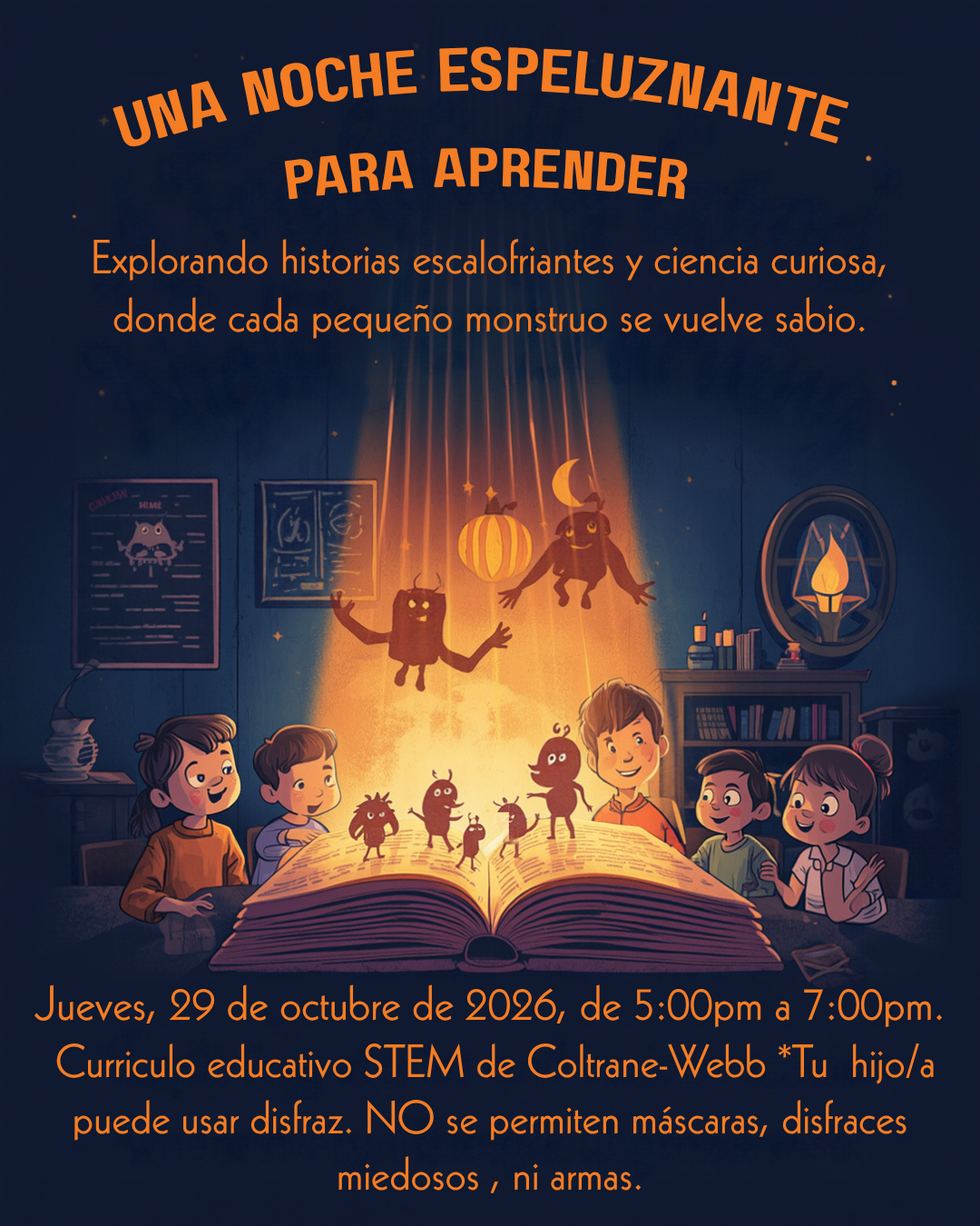 Folleto sobre la Noche del Currículo, que informa que el evento tendrá lugar el jueves 29 de octubre, de 5:00 a 7:00 p. m., en la escuela primaria Coltrane-Webb STEM.