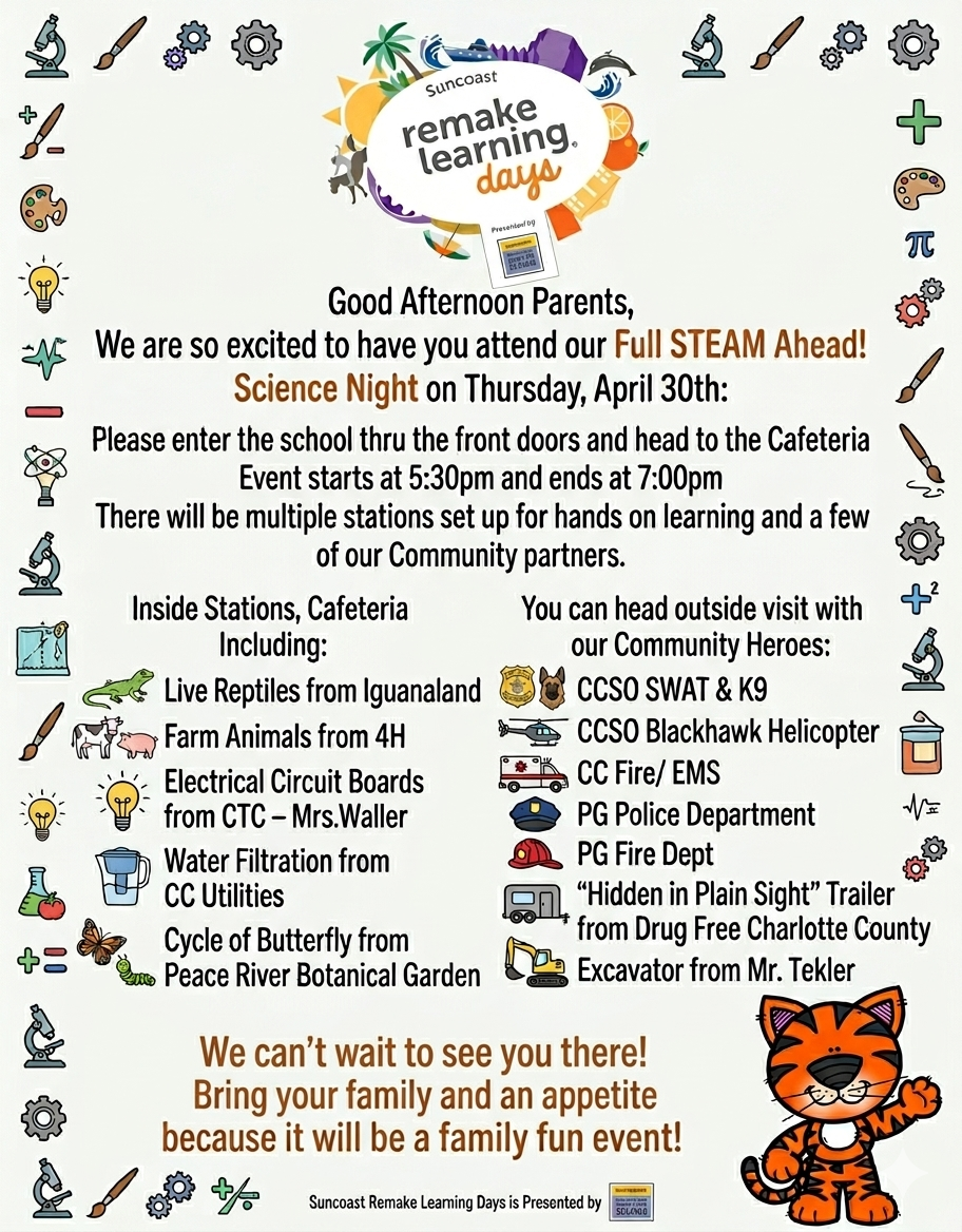 Poster announcing Suncoast Remake Learning Days Science Night on Thursday, April 30th, featuring various STEAM activities and community partners.
